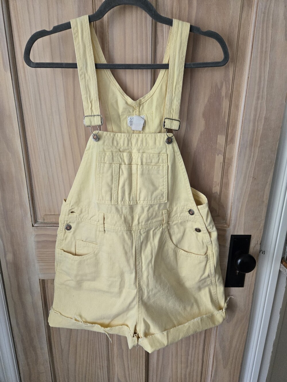 Vintage 90s Moda International Pastel Yellow Denim Shortalls Overalls Size Small - Picture 2 of 10